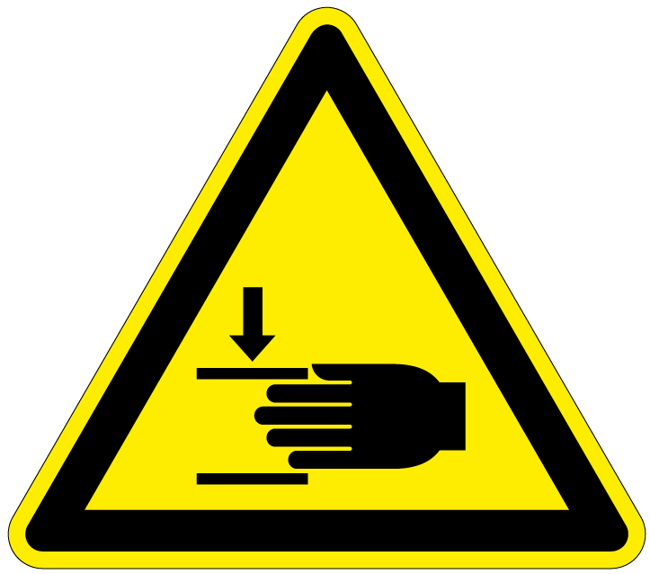 pictogram gevaar voor handbeklemming, geel zwart, driehoek, iso 7010, w024, beklemde hand
